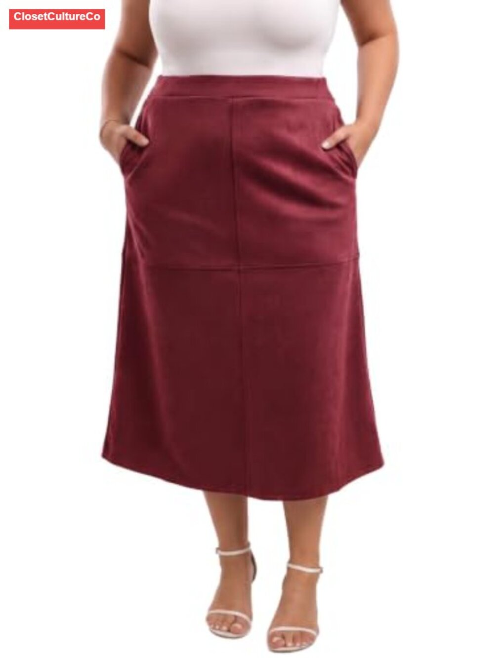 Faux Suede A-Line Midi Skirt High Waist Elastic Waist Pockets